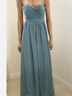 Jenny Yoo Strapless Sage-Blue Maxi Dress with Ruched Sweetheart Bodice